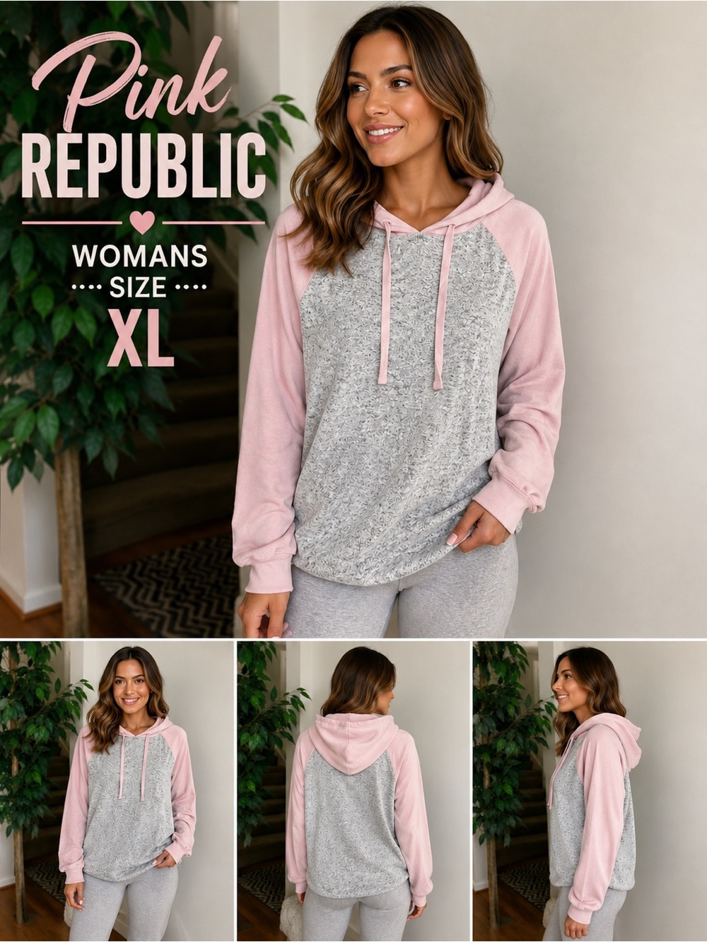 Pink Republic Women’s XL Gray marled & Mauve Hooded Raglan Pullover NWT